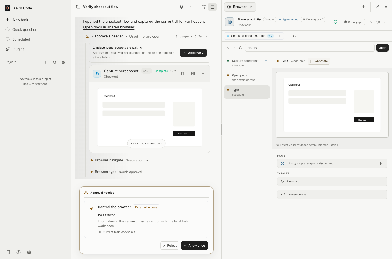 Kairo Code Browser work surface showing activity replay, captured evidence, origin, approval, and current control owner