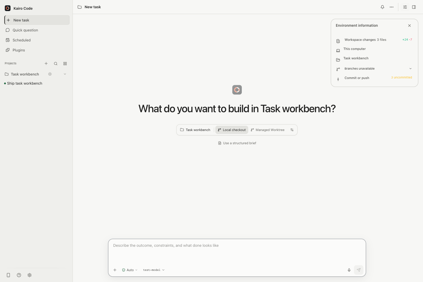 Kairo Code new Task screen with Project, checkout mode, environment summary, and outcome composer