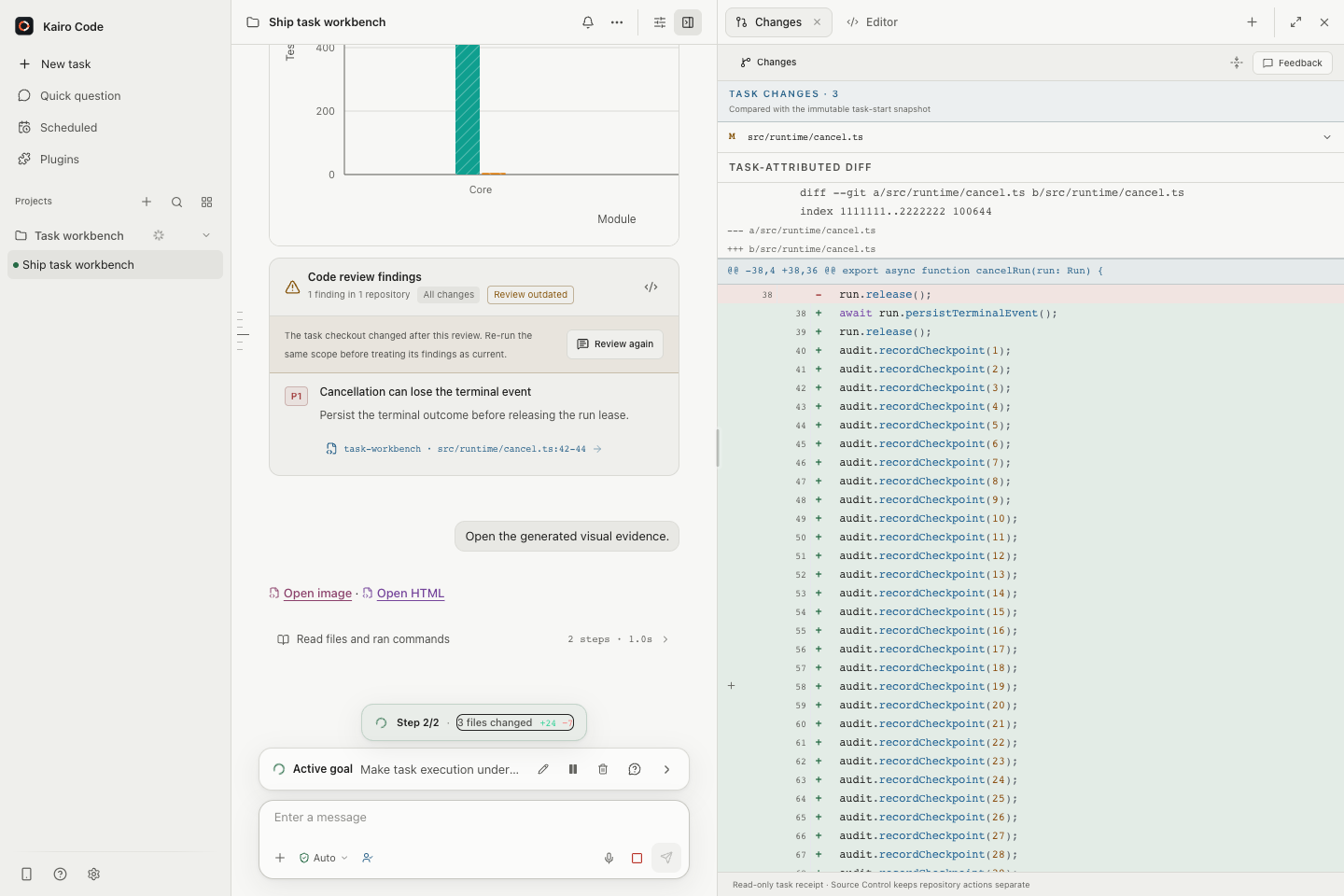 Kairo Code Task review workspace showing a finding, task-attributed diff, active goal, and composer